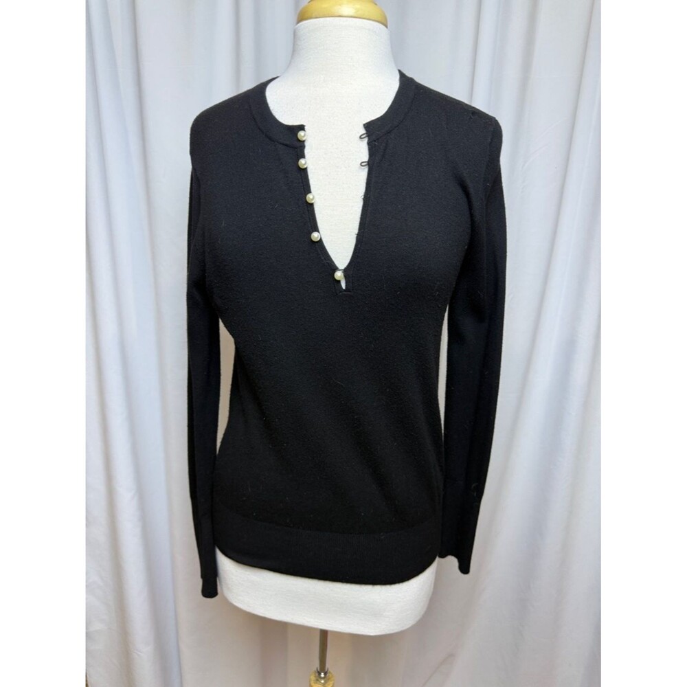 Zara Black V-Neck Knit Sweater with Faux Pearl Buttons, Large